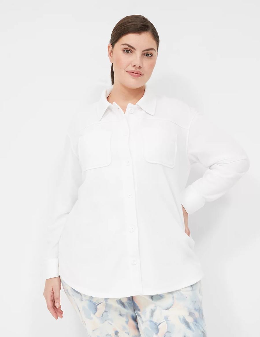 Lane Bryant LIVI Button-Front French Terry Shacket Women Shirts White | UZX6654GP