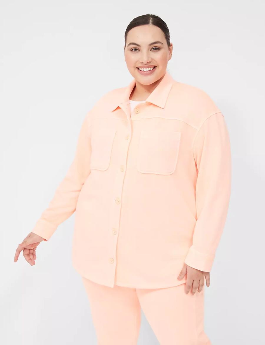 Lane Bryant LIVI Button-Front French Terry Shacket Women Shirts Coral | BSN5682ZS