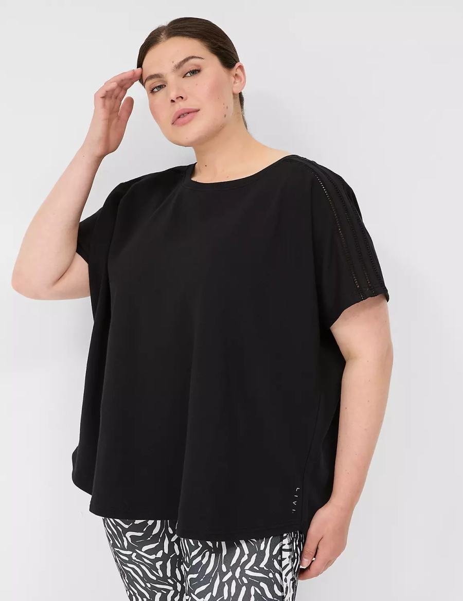 Lane Bryant LIVI Crochet-Detail French Terry Top Women T Shirts Black | AWC7517FV