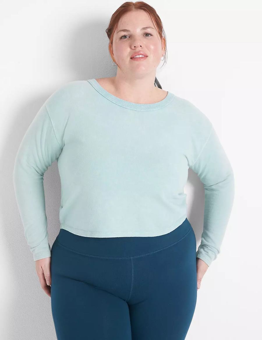 Lane Bryant LIVI Crop Boatneck Ruched-Detail Women Sweatshirts Light Green | KMO6626WC