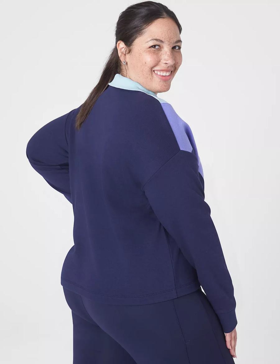 Lane Bryant LIVI Crop Zip-Neck Seamed Women Sweatshirts Dark Blue | DYM8770ZL