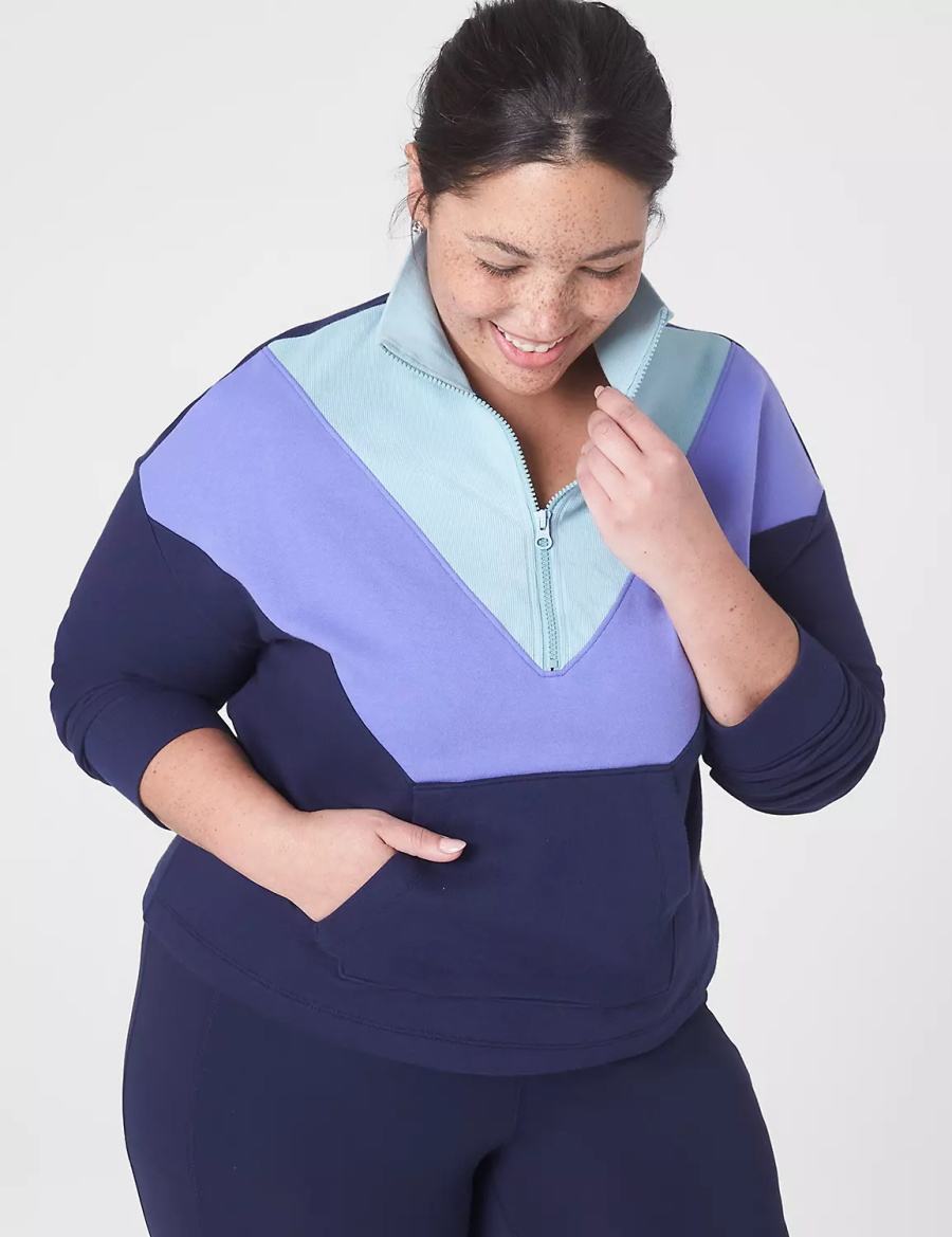 Lane Bryant LIVI Crop Zip-Neck Seamed Women Sweatshirts Dark Blue | DYM8770ZL