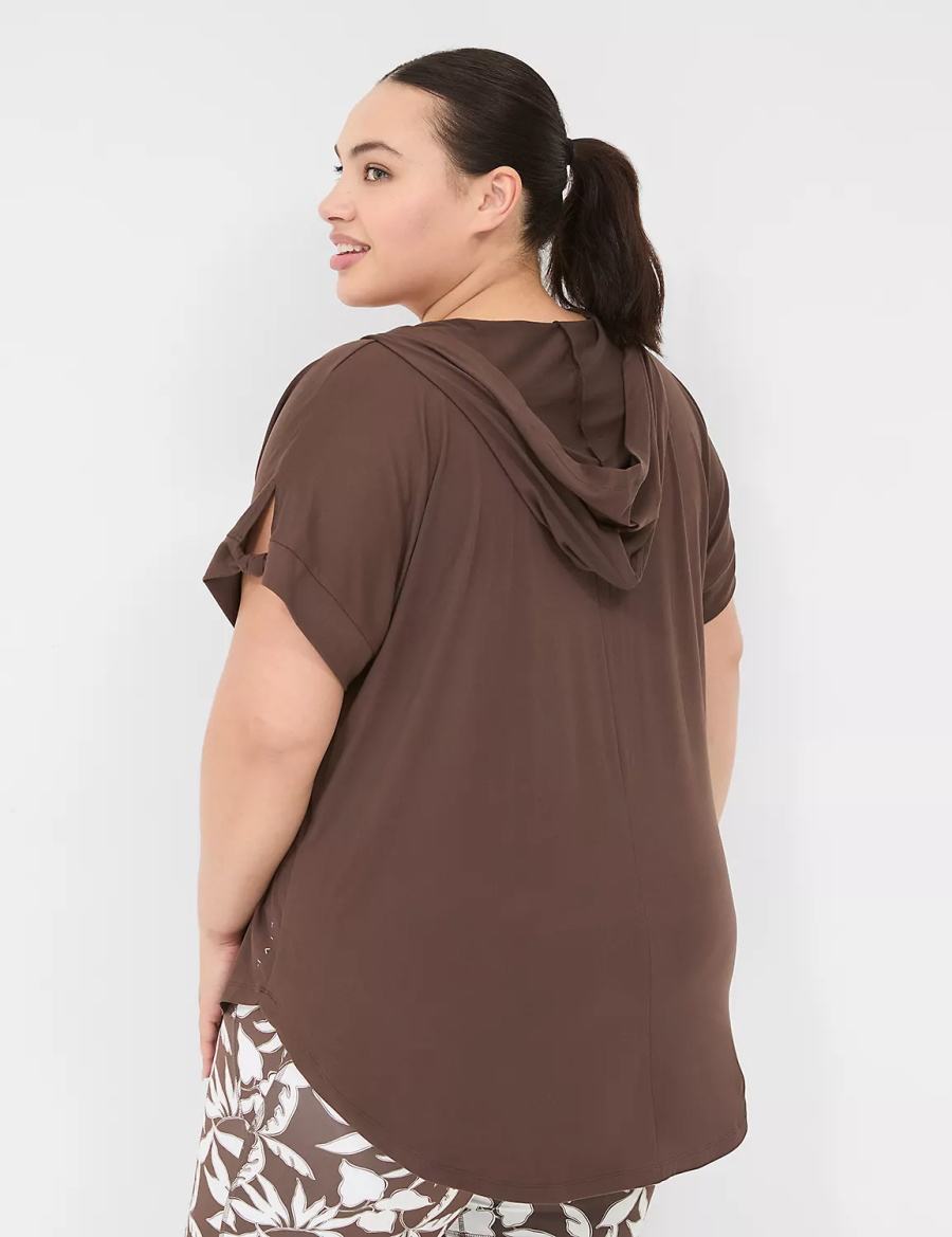 Lane Bryant LIVI Knot-Sleeve Recycled LIVI Soft Hooded Tunic Women T Shirts Dark Brown | UBT833BV