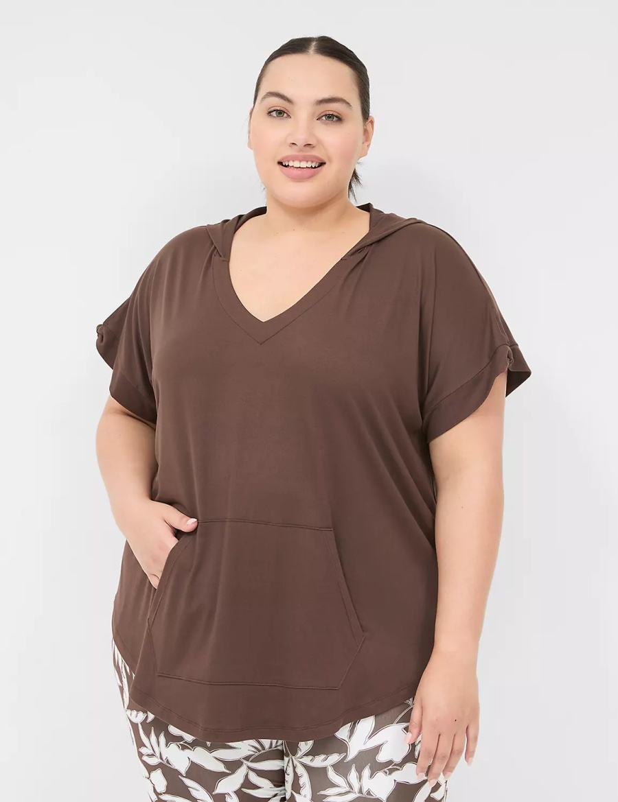 Lane Bryant LIVI Knot-Sleeve Recycled LIVI Soft Hooded Tunic Women T Shirts Dark Brown | UBT833BV