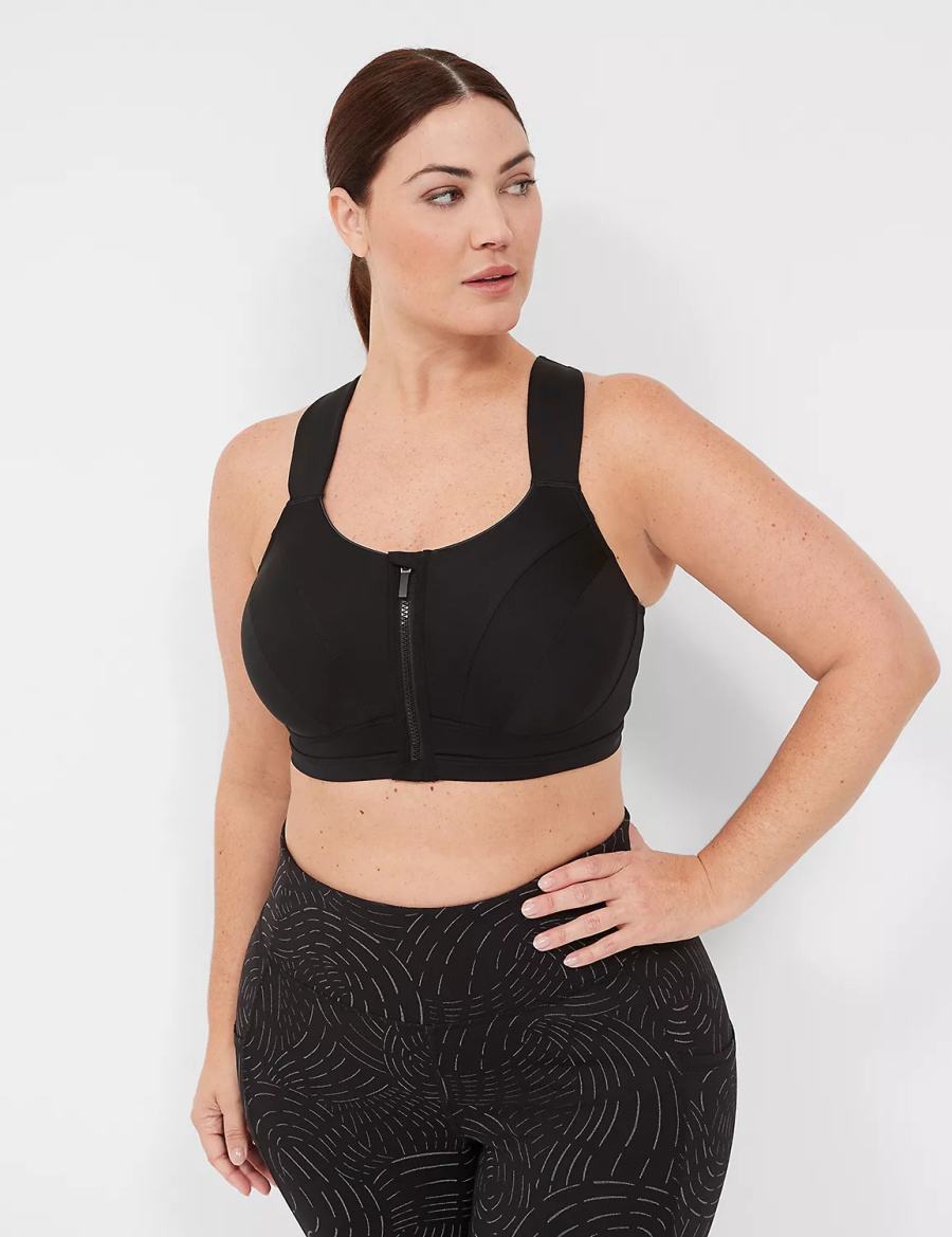 Lane Bryant LIVI Max Support Comfort Zip-Front Women Sports Bra Black | YYF2388PT