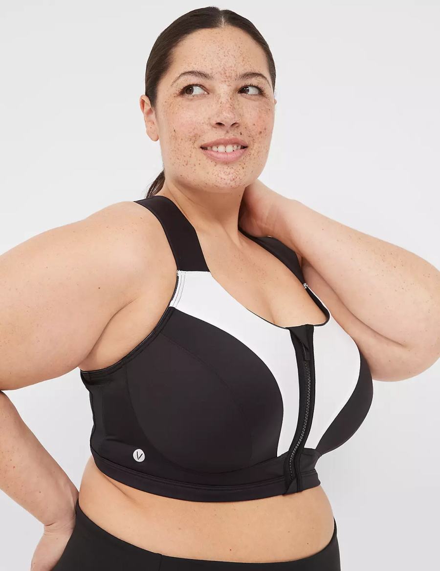 Lane Bryant LIVI Max Support Comfort Zip-Front Women Sports Bra Black | ZCZ9285DI