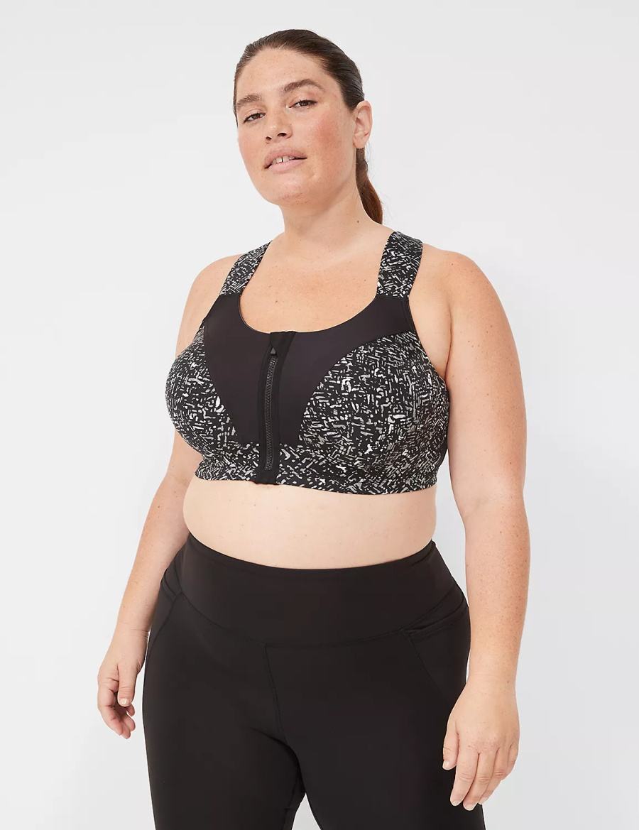 Lane Bryant LIVI Max Support Comfort Zip-Front Women Sports Bra Black | LXG6788GY