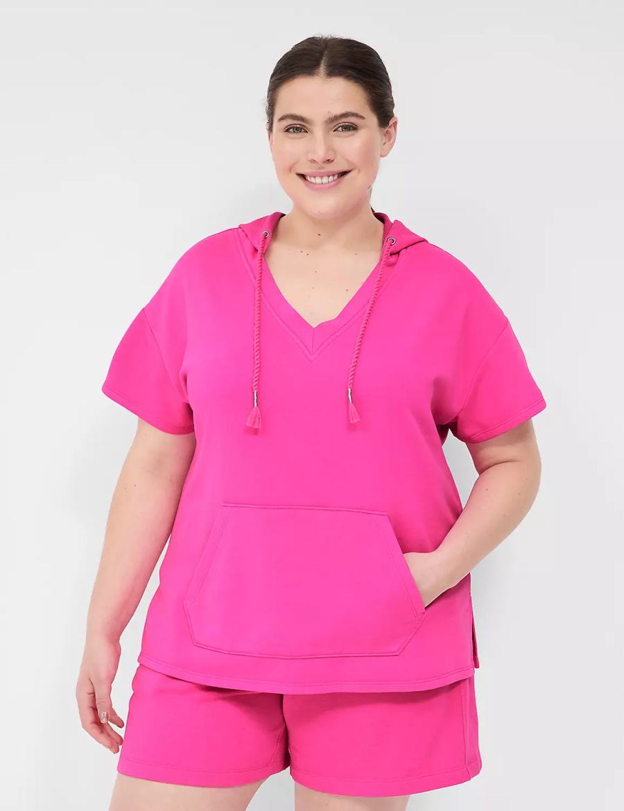 Lane Bryant LIVI Short-Sleeve French Terry Women Hoodie Pink | KUG9615HN