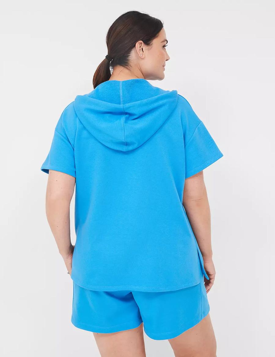 Lane Bryant LIVI Short-Sleeve French Terry Women Hoodie Blue | TOQ1646NQ