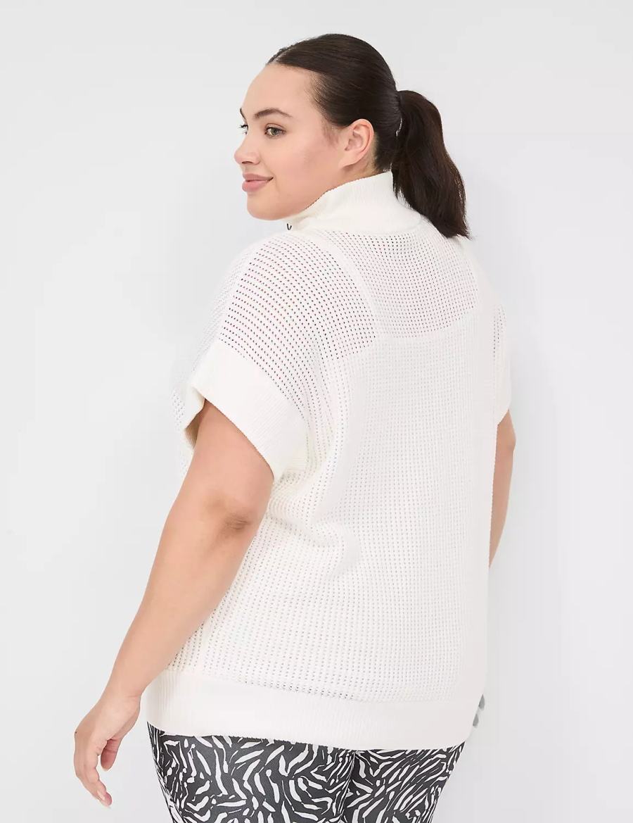 Lane Bryant LIVI Short-Sleeve Half-Zip Mesh Women Sweaters White | IVE6388GY