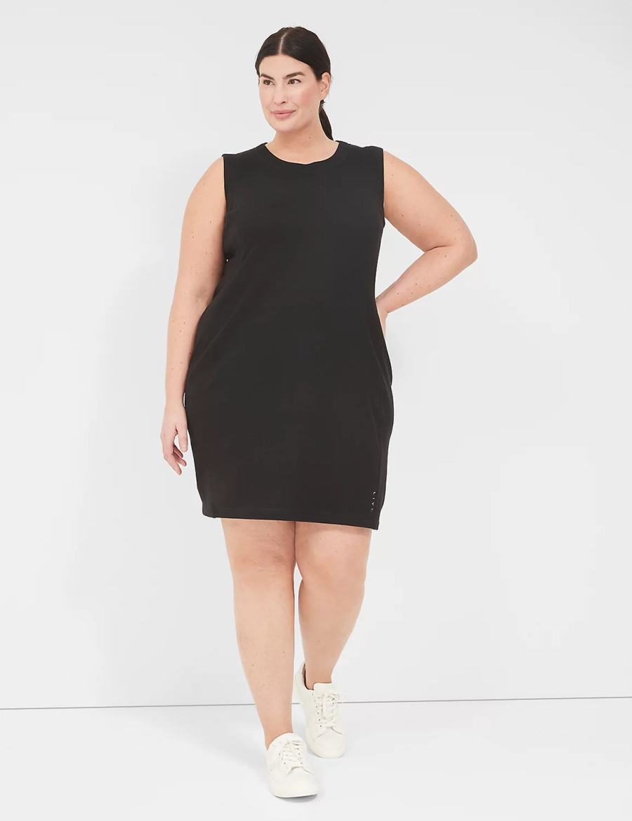 Lane Bryant LIVI Sleeveless Crew-Neck French Terry Women Casual Dress Black | VNU3298MZ