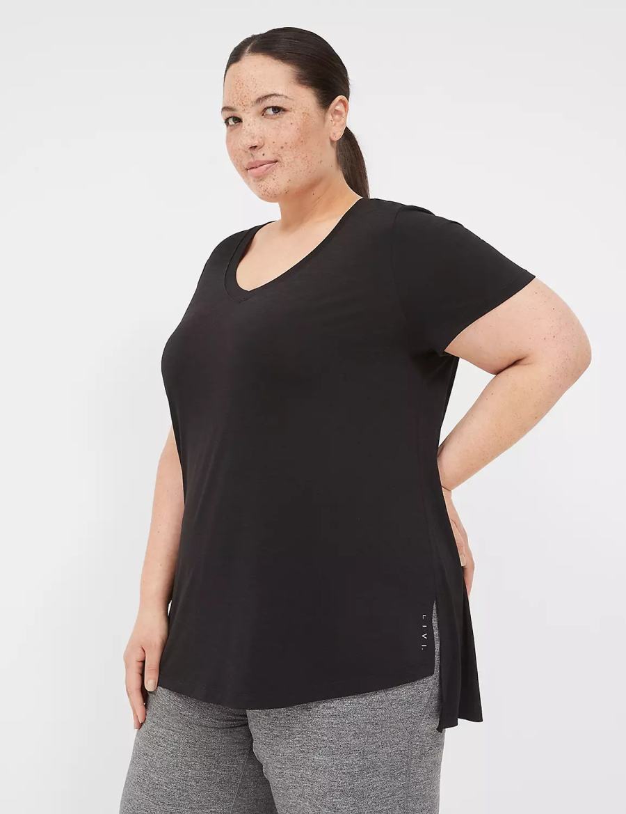 Lane Bryant LIVI V-Neck Ruched-Back Tee Women T Shirts Black | WET7258JY