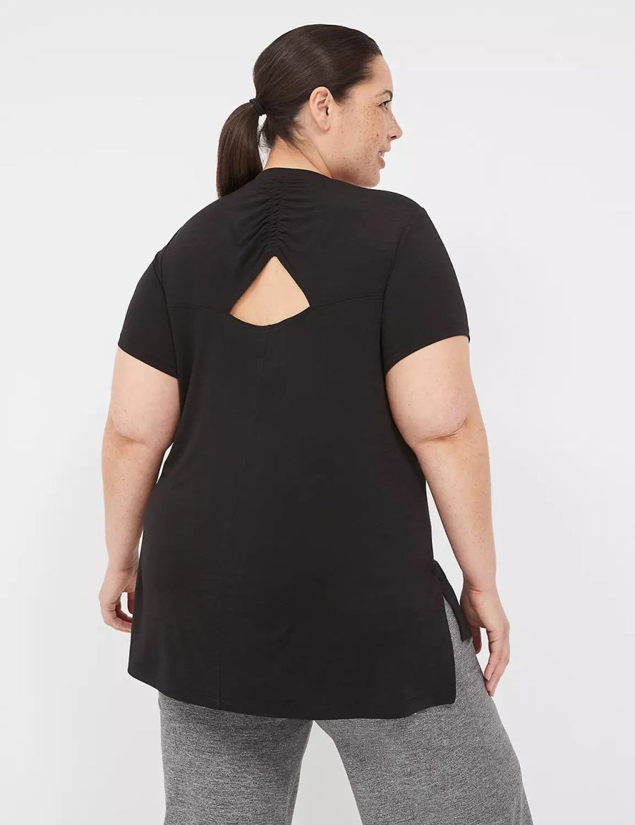 Lane Bryant LIVI V-Neck Ruched-Back Tee Women T Shirts Black | WET7258JY