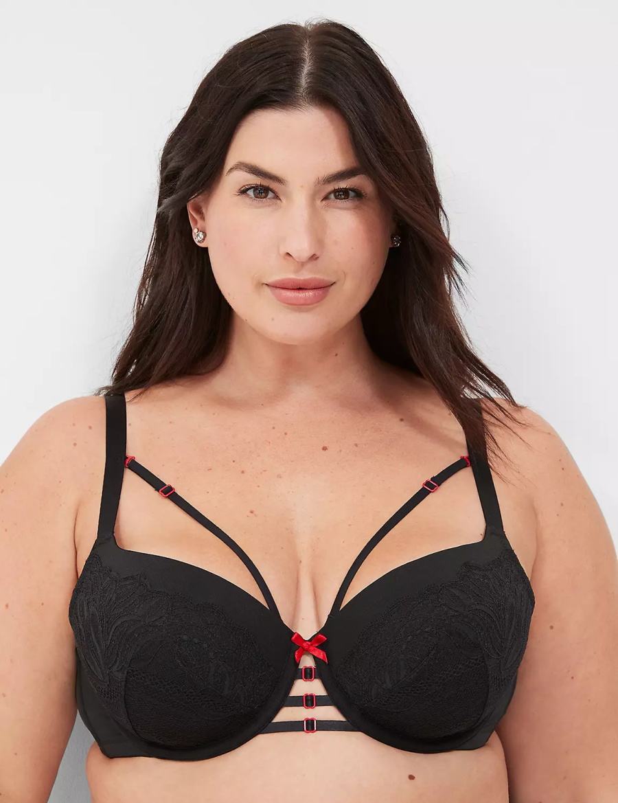 Lane Bryant Lace-Trim Lightly Lined Women Balconette Bra Black | JVB6285NJ