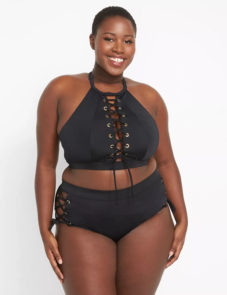 Lane Bryant Lace-Up High-Waist Swim Women Briefs Black | ZSC4332MO