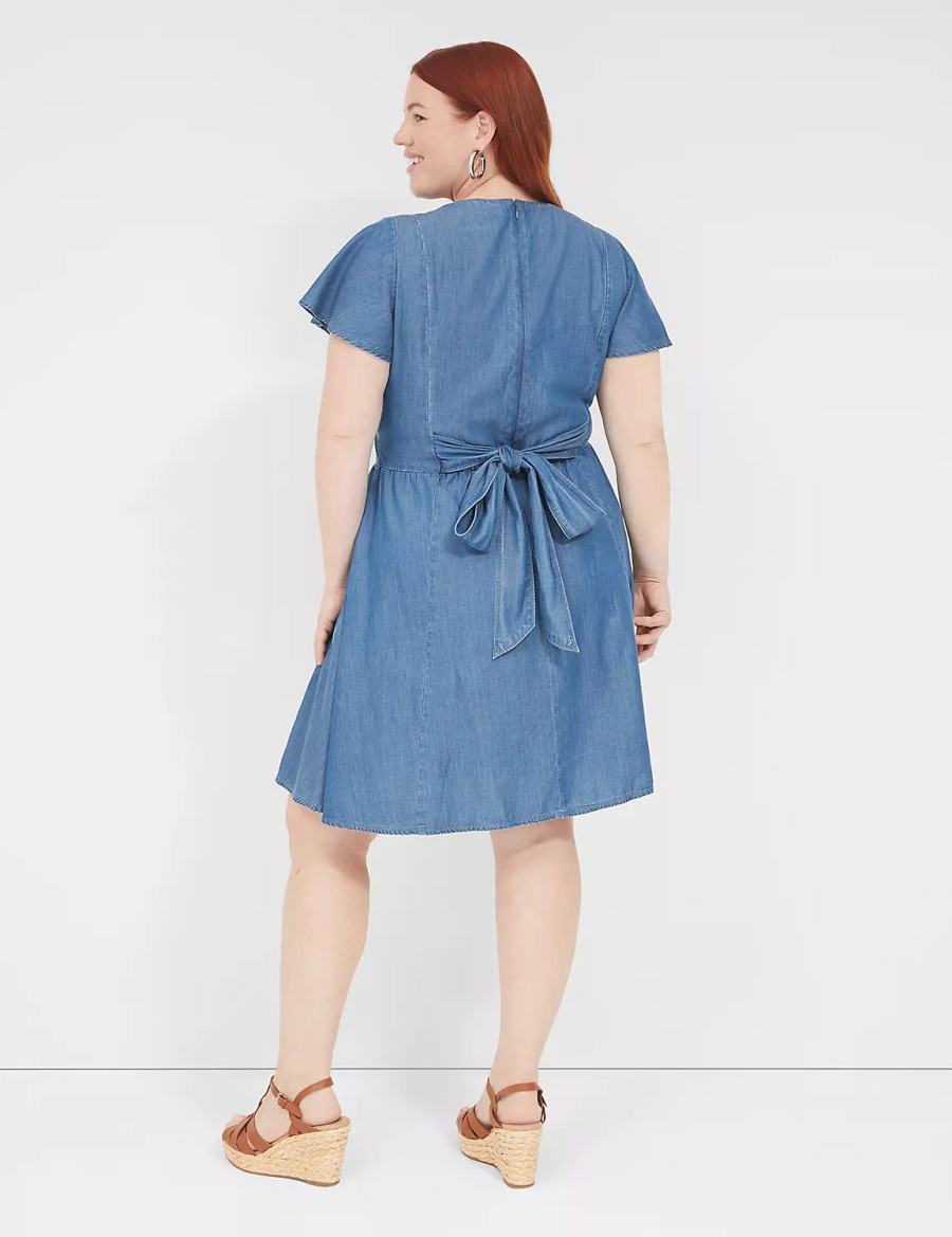 Lane Bryant Lena Denim Surplice-Neck Level-Hem Women Casual Dress Blue | GJR5930BR