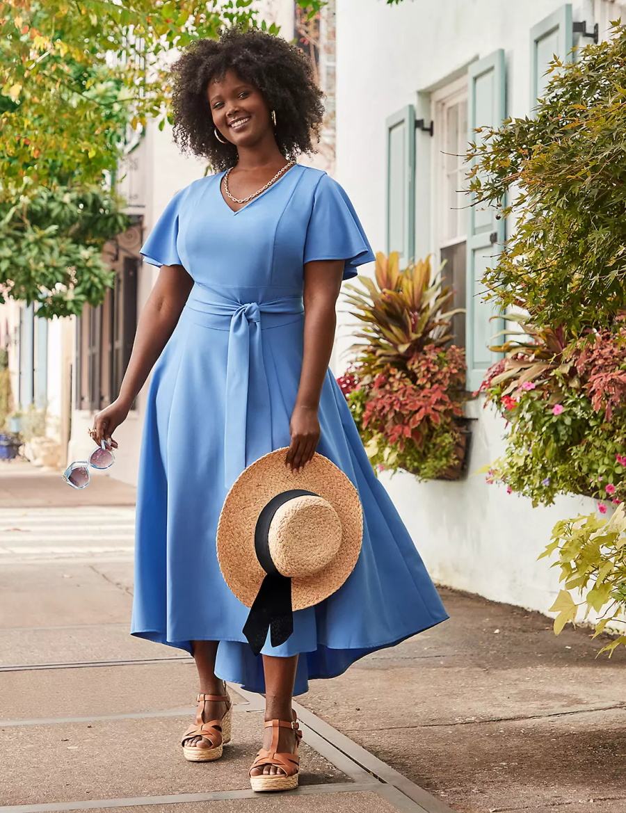 Lane Bryant Lena V-Neck High-Low Women Midi Dress Blue | QIP6313PO