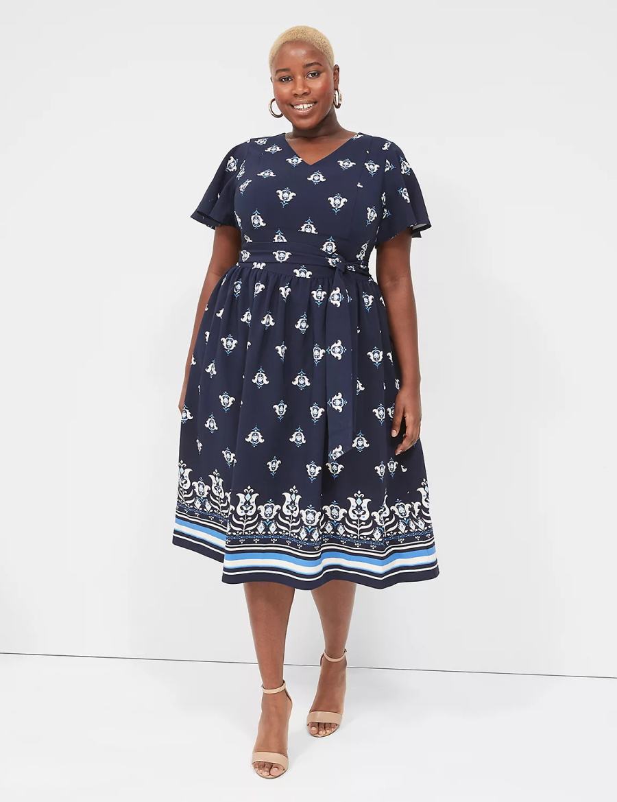 Lane Bryant Lena V-Neck Level-Hem Women Midi Dress Blue | TCQ6831CT