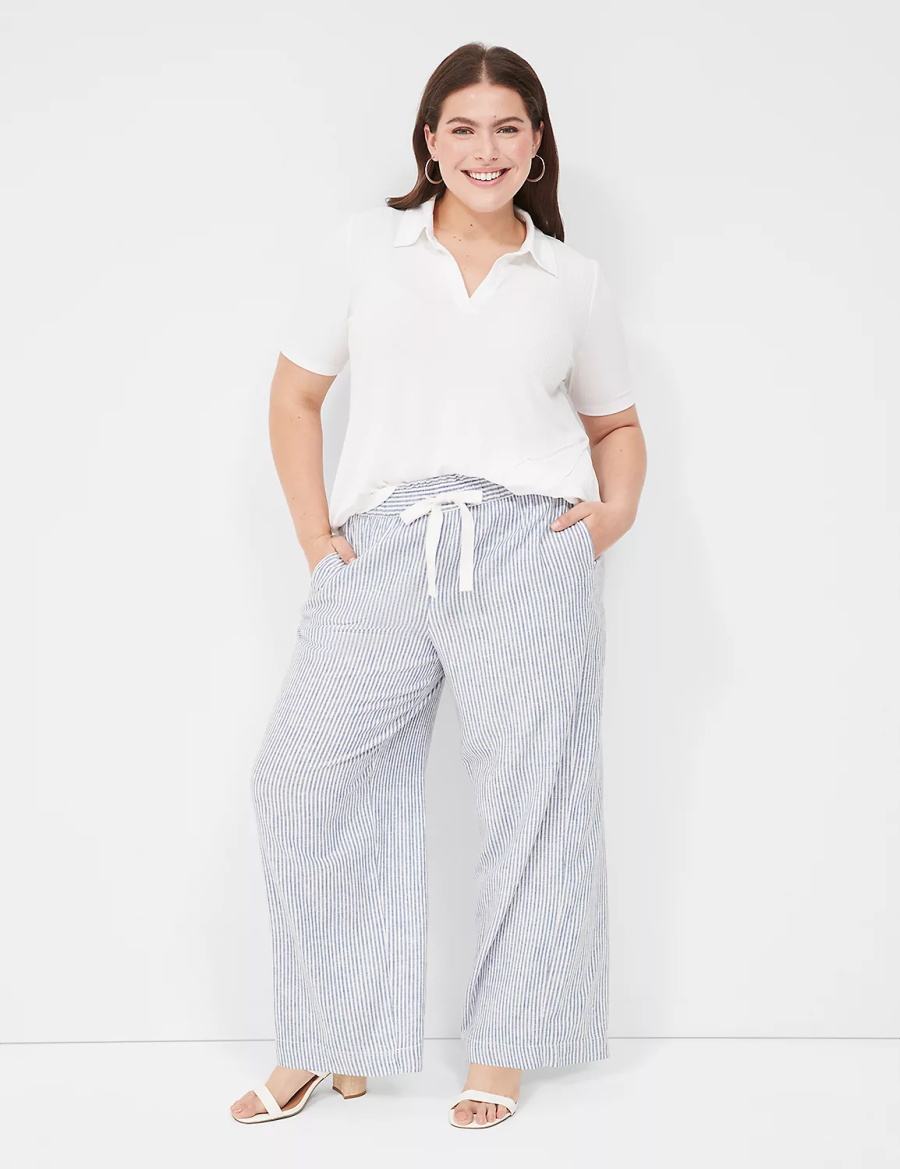 Lane Bryant Linen Stripe Wide Leg Women Pants Blue Stripes | FRK9669ER