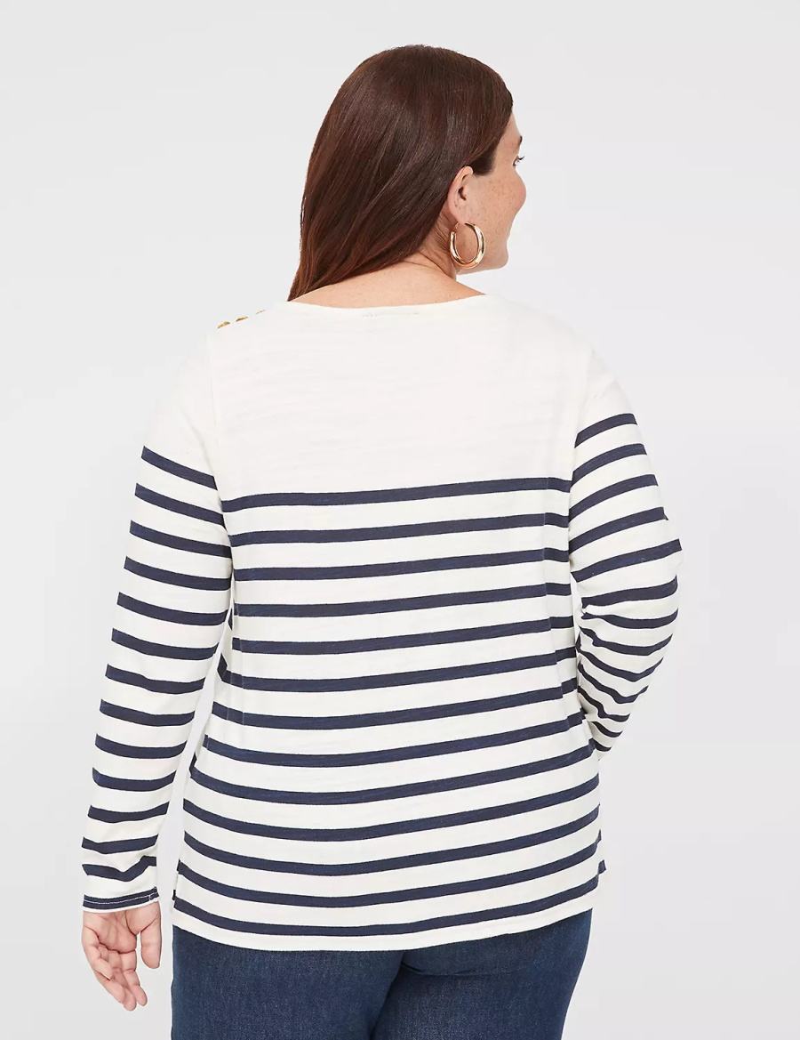 Lane Bryant Long-Sleeve Boatneck Top Women T Shirts Navy Stripes | BAE240OY