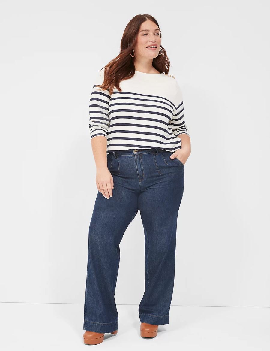 Lane Bryant Long-Sleeve Boatneck Top Women T Shirts Navy Stripes | BAE240OY