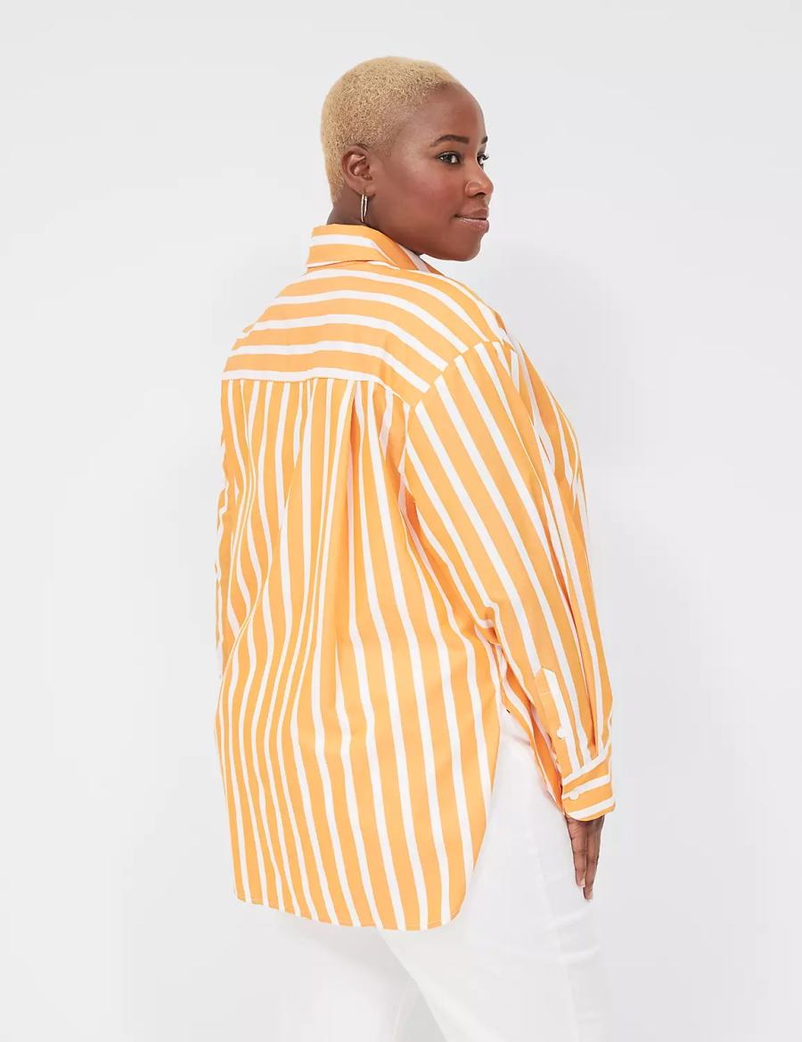 Lane Bryant Long-Sleeve Button-Down Boyfriend Women Shirts Orange Stripes | YZJ884NE