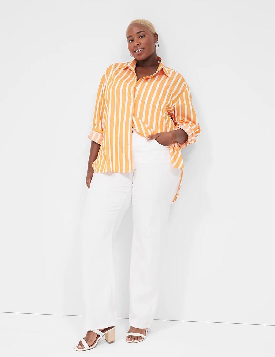 Lane Bryant Long-Sleeve Button-Down Boyfriend Women Shirts Orange Stripes | YZJ884NE