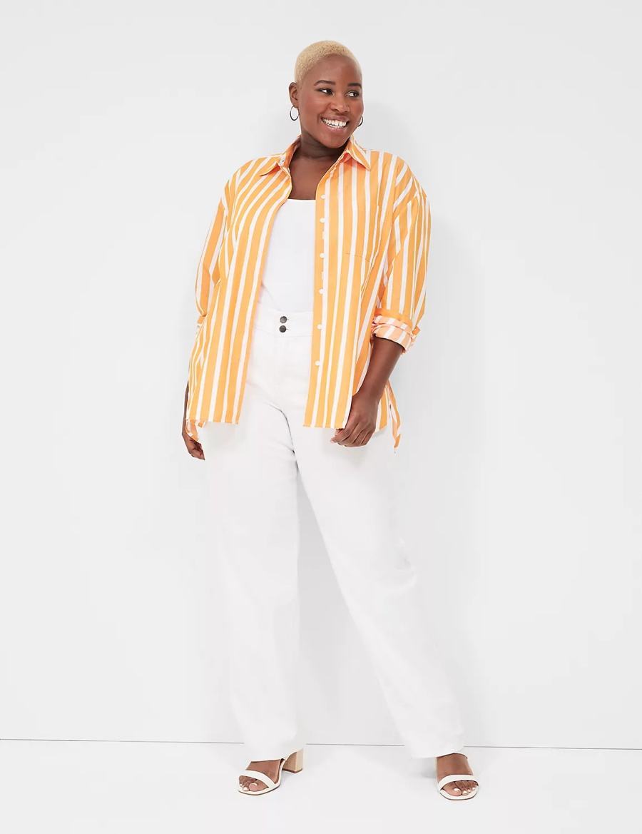 Lane Bryant Long-Sleeve Button-Down Boyfriend Women Shirts Orange Stripes | YZJ884NE