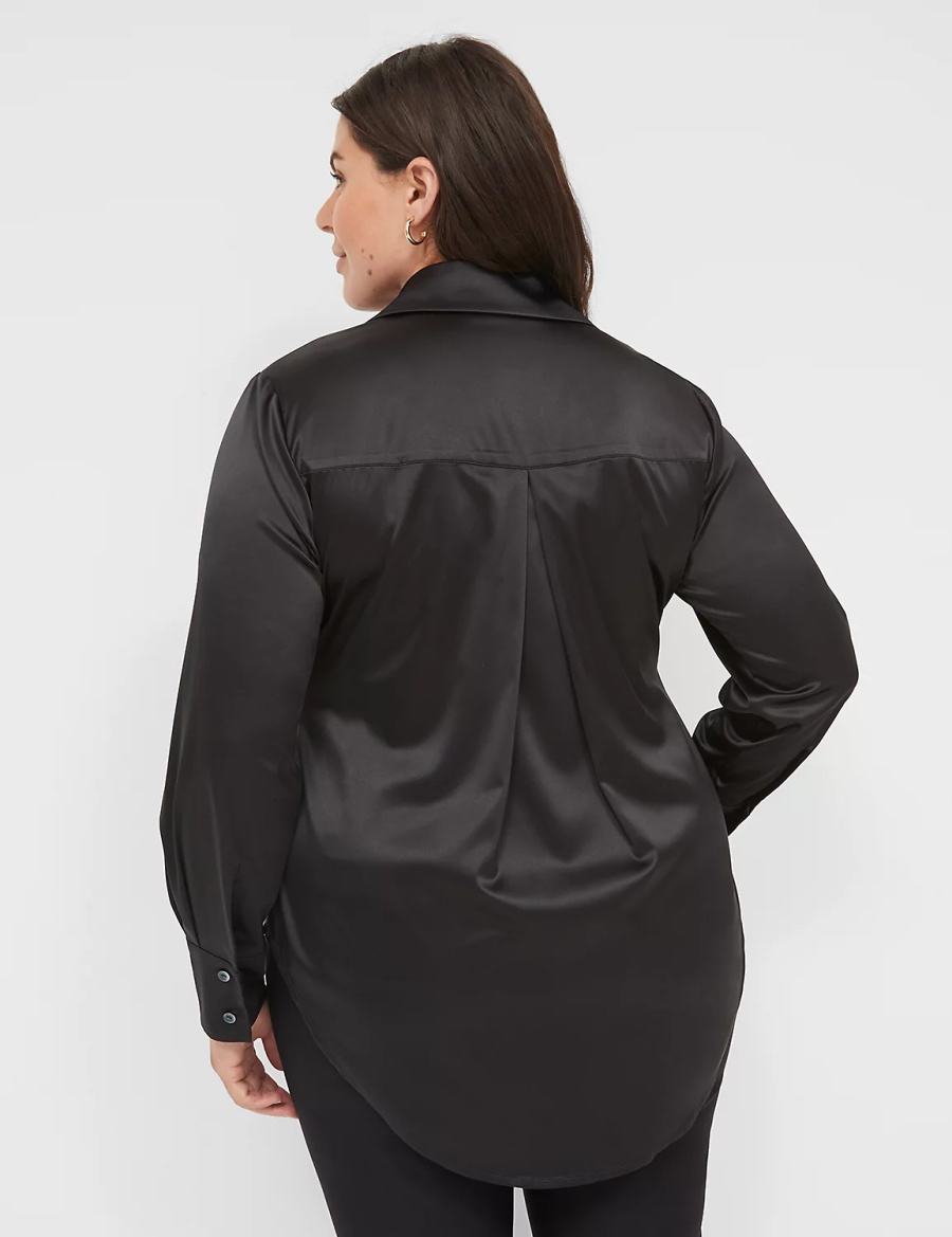 Lane Bryant Long-Sleeve Button-Down Satin Women Shirts Black | NEU5078UG