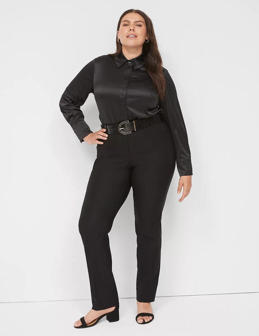 Lane Bryant Long-Sleeve Button-Down Satin Women Shirts Black | NEU5078UG