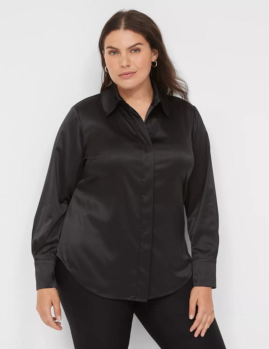 Lane Bryant Long-Sleeve Button-Down Satin Women Shirts Black | NEU5078UG