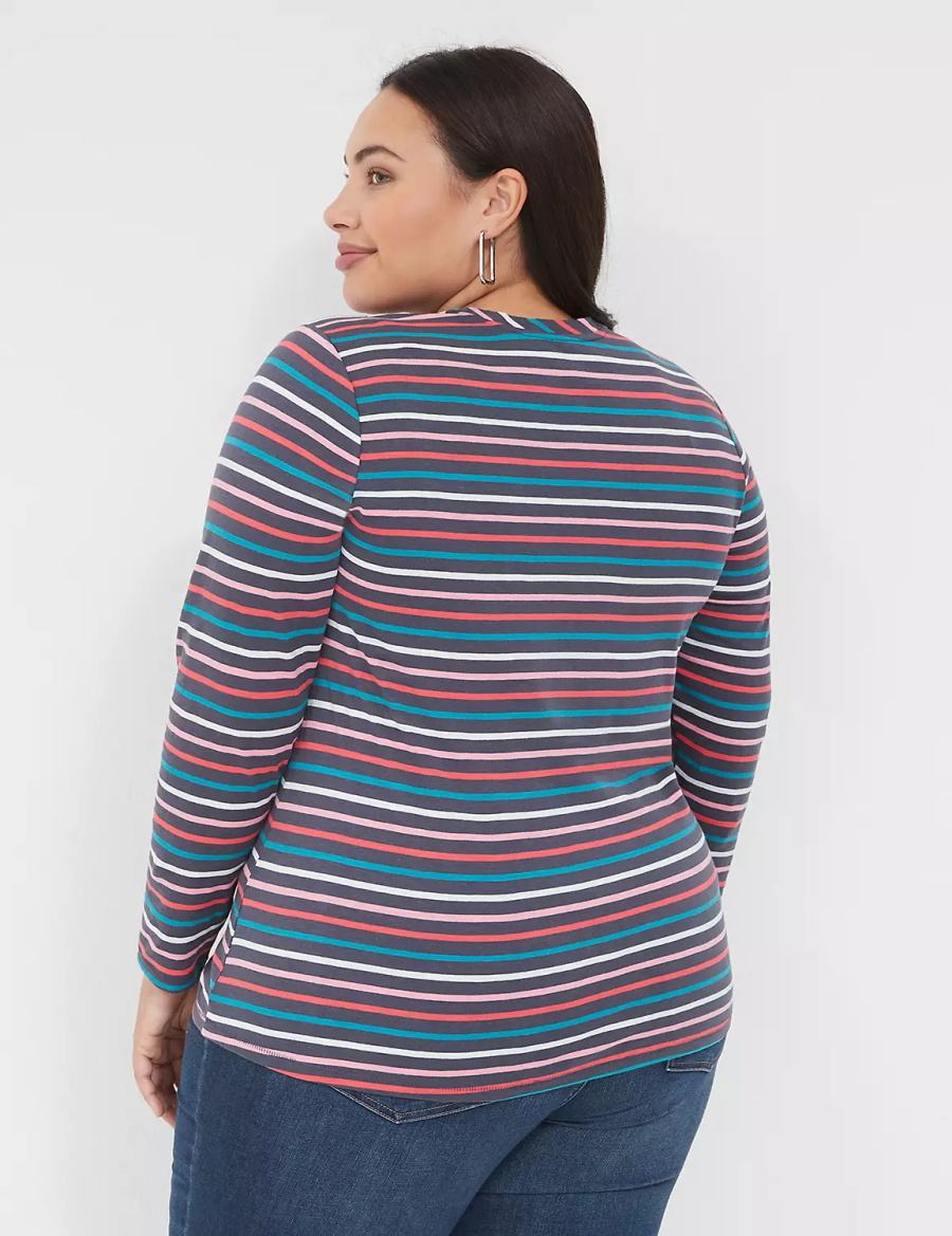 Lane Bryant Long-Sleeve Crew-Neck Tee Women T Shirts Navy Multicolor Stripes | DQH7388NF