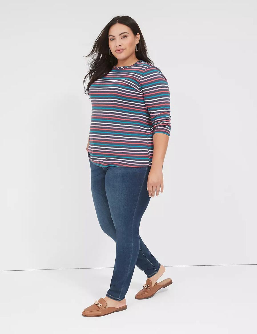 Lane Bryant Long-Sleeve Crew-Neck Tee Women T Shirts Navy Multicolor Stripes | DQH7388NF