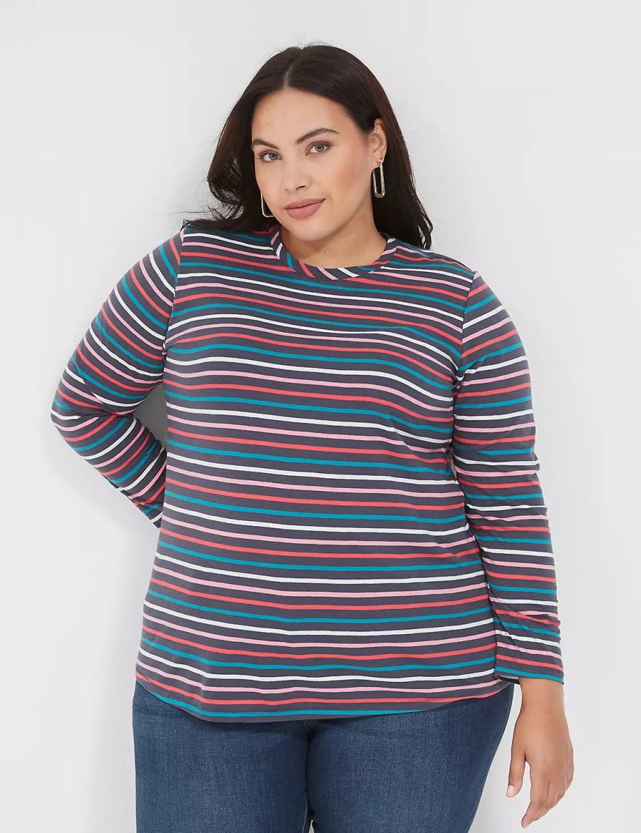 Lane Bryant Long-Sleeve Crew-Neck Tee Women T Shirts Navy Multicolor Stripes | DQH7388NF