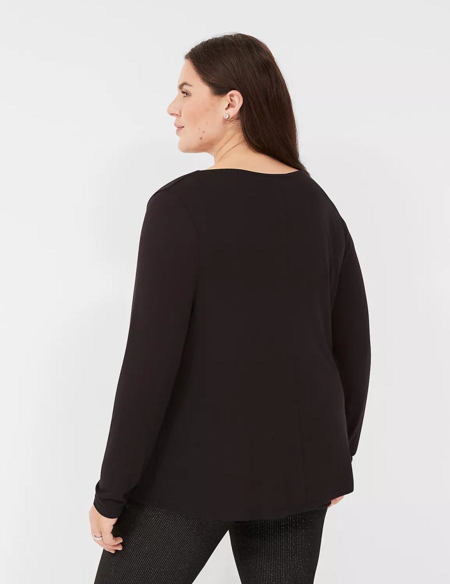 Lane Bryant Long-Sleeve Drape-Neck Top Women T Shirts Black | MRB1395LI