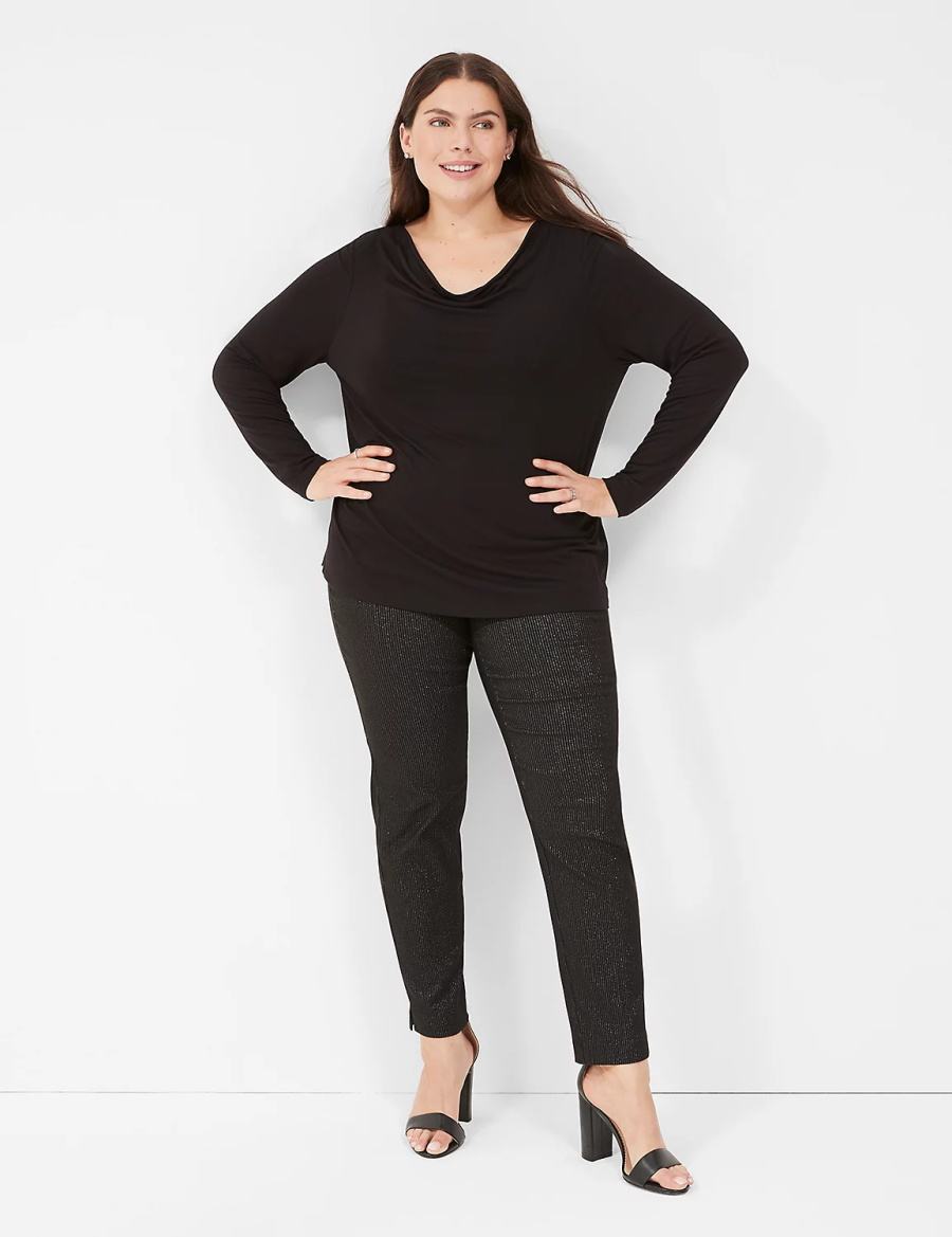 Lane Bryant Long-Sleeve Drape-Neck Top Women T Shirts Black | MRB1395LI