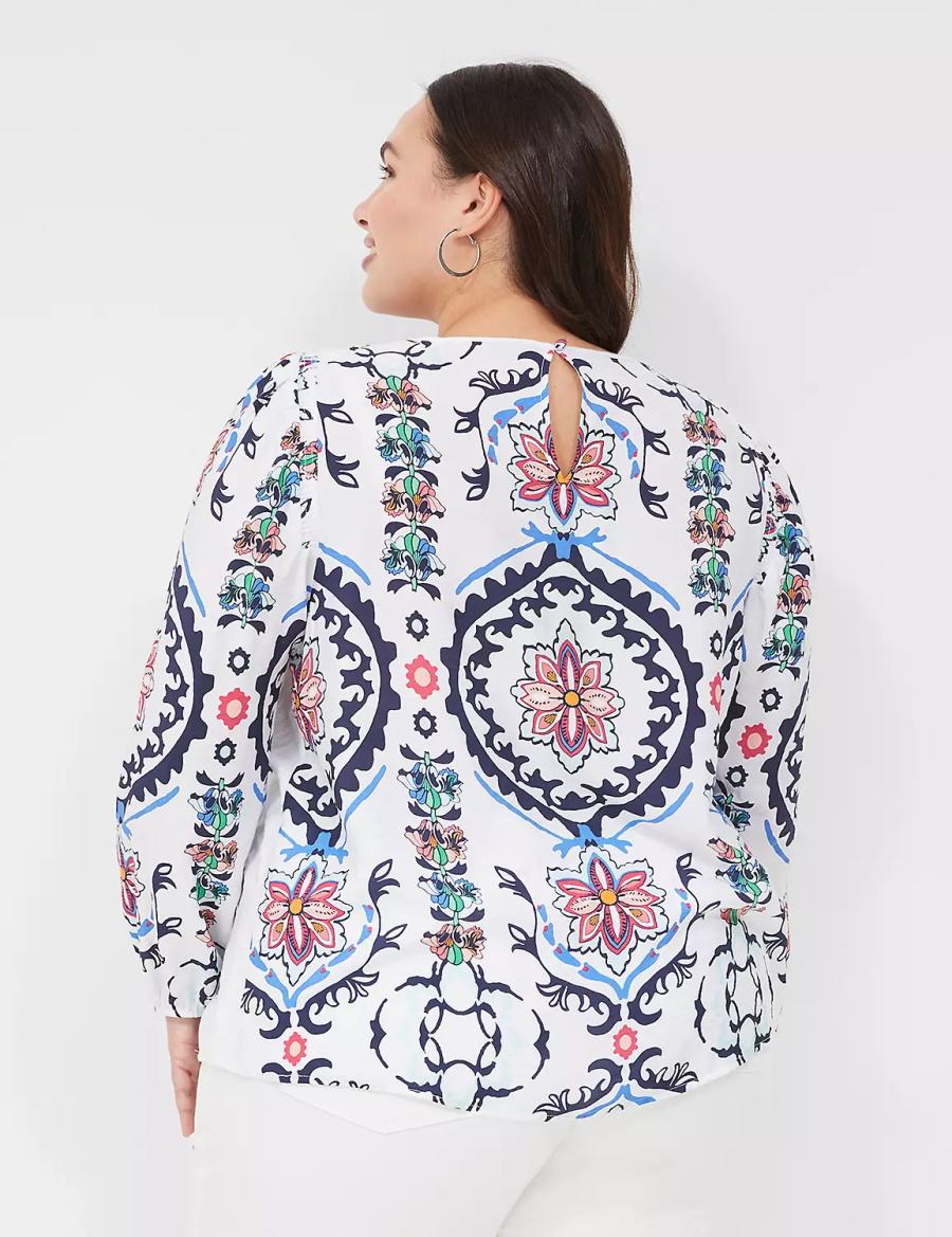 Lane Bryant Long-Sleeve Peasant Women Blouse White Multicolor | AGI4238DV