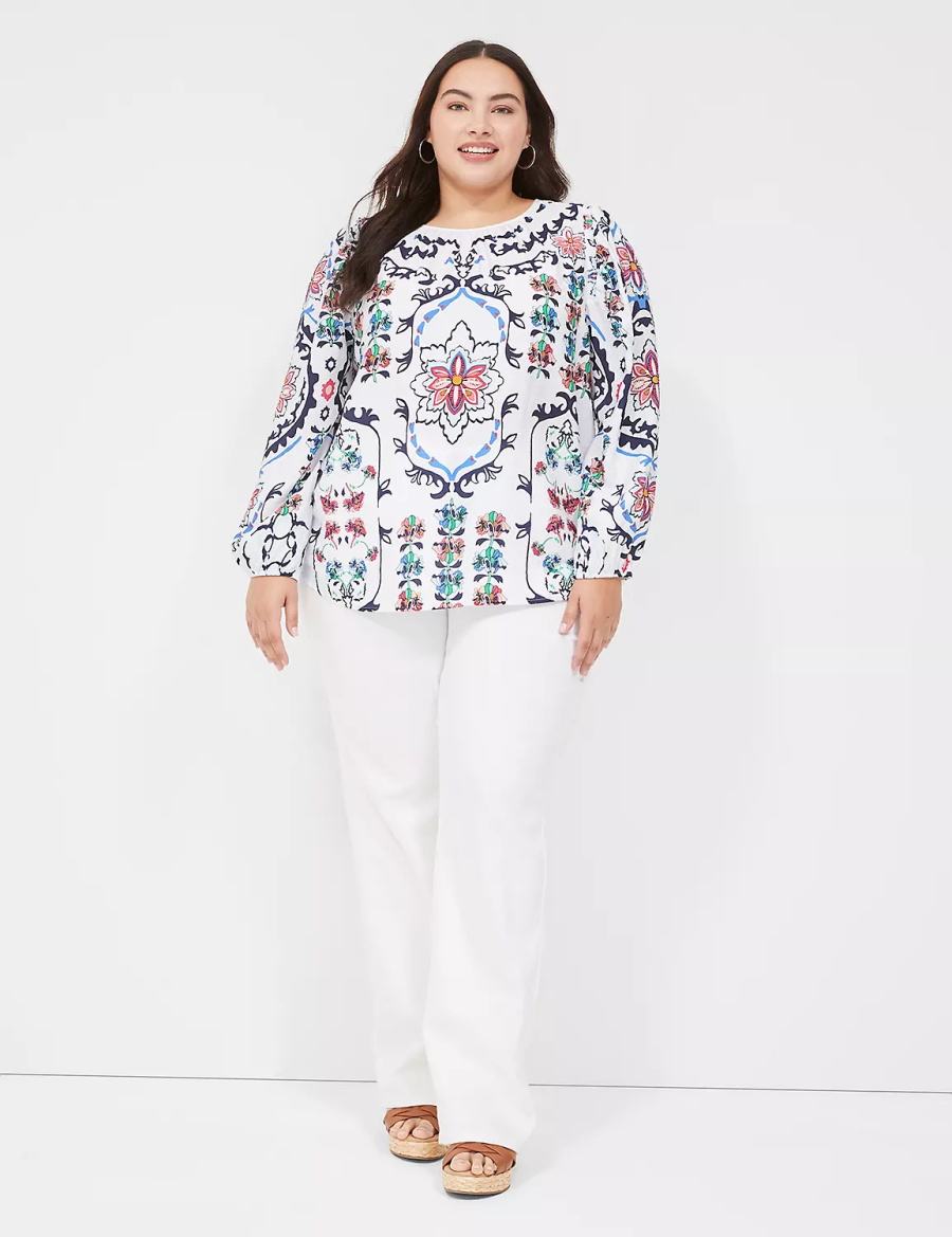 Lane Bryant Long-Sleeve Peasant Women Blouse White Multicolor | AGI4238DV