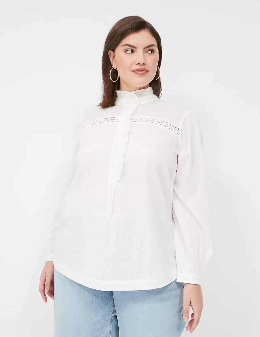 Lane Bryant Long-Sleeve Ruffle Collar Women Blouse White | RTQ7832QS