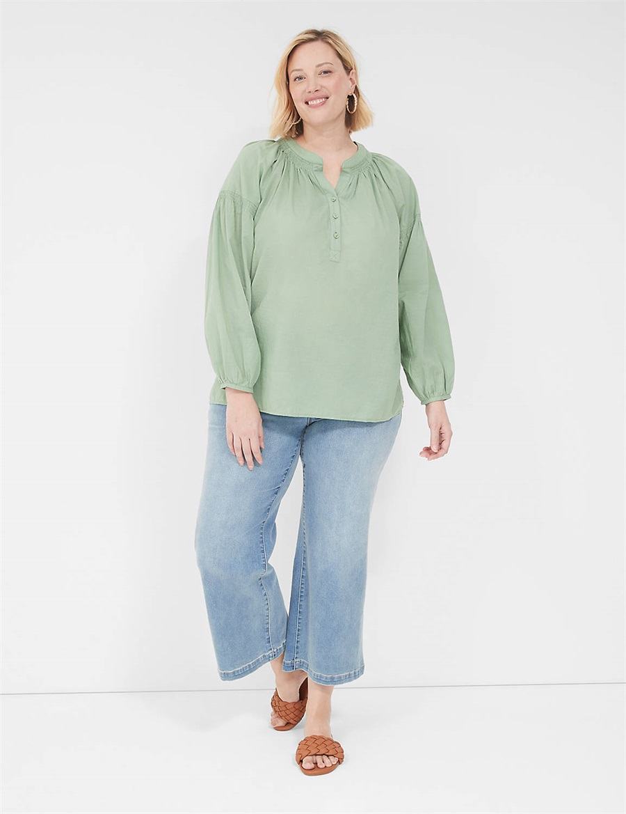 Lane Bryant Long-Sleeve Split-Neck Popover Women Shirts Light Green | ZZL1689JG