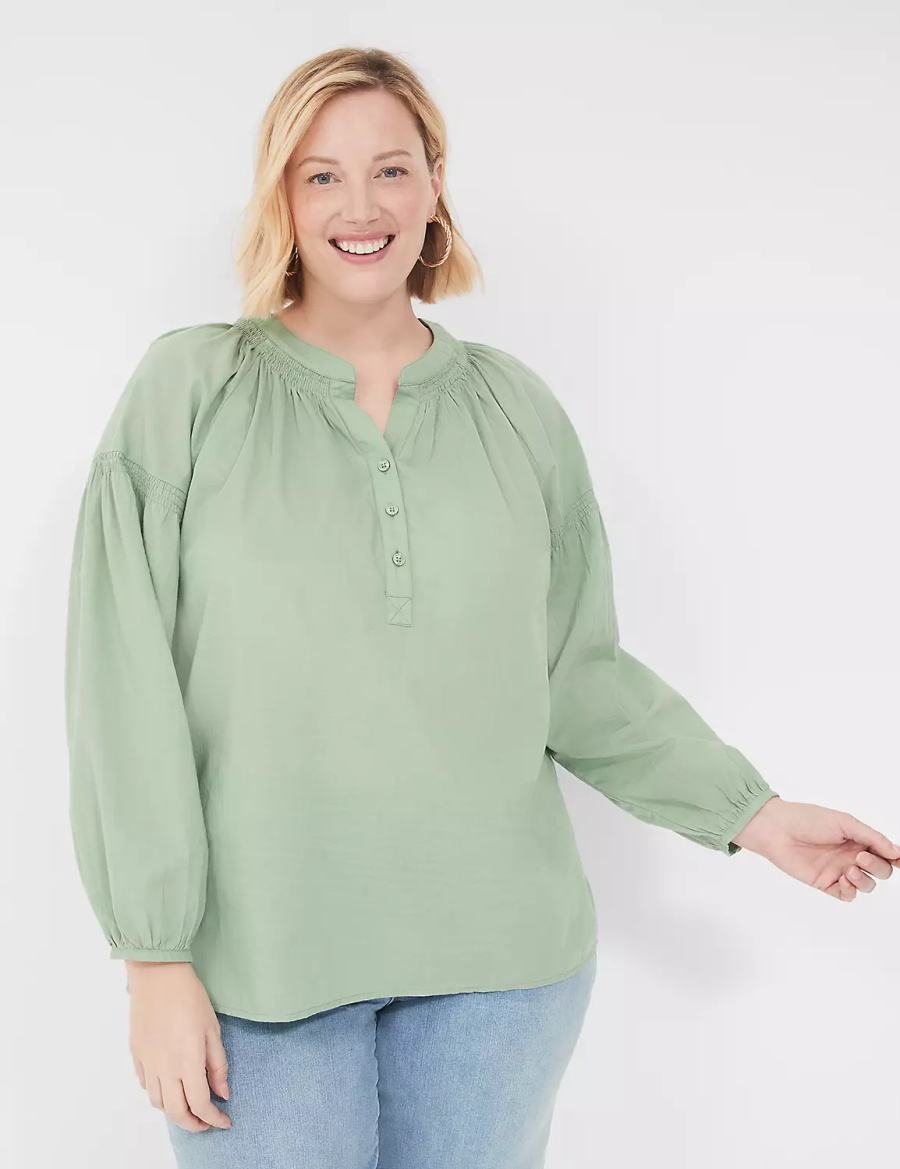 Lane Bryant Long-Sleeve Split-Neck Popover Women Shirts Light Green | ZZL1689JG