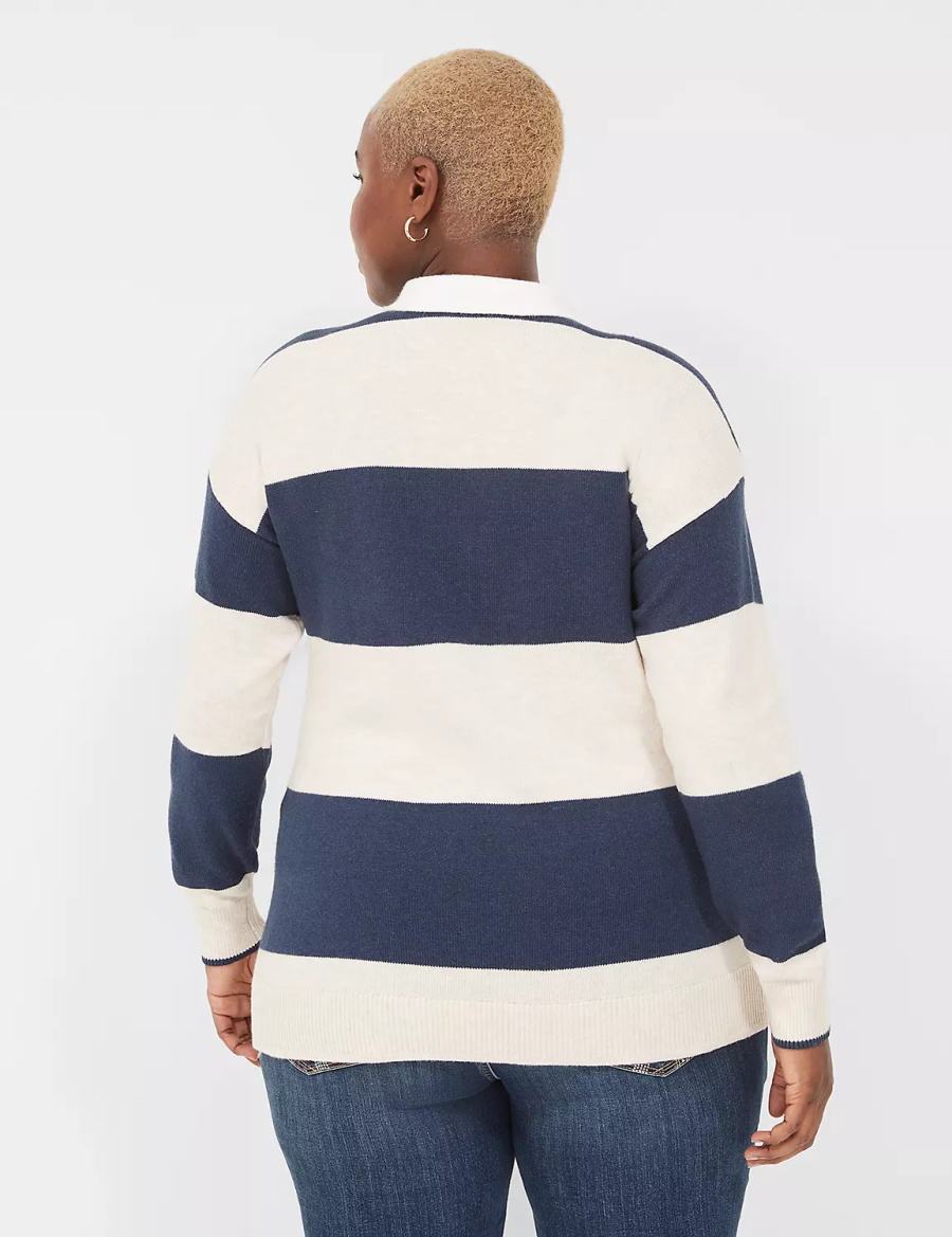 Lane Bryant Long-Sleeve Stripe Polo Women Sweaters Navy Stripes | ABM1444LX