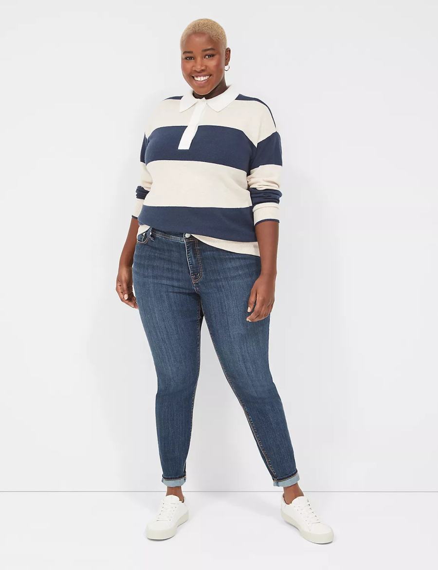 Lane Bryant Long-Sleeve Stripe Polo Women Sweaters Navy Stripes | ABM1444LX