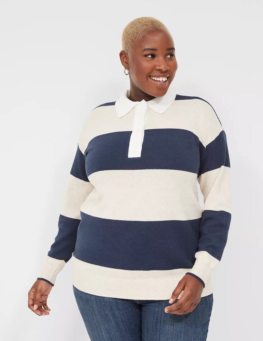 Lane Bryant Long-Sleeve Stripe Polo Women Sweaters Navy Stripes | ABM1444LX