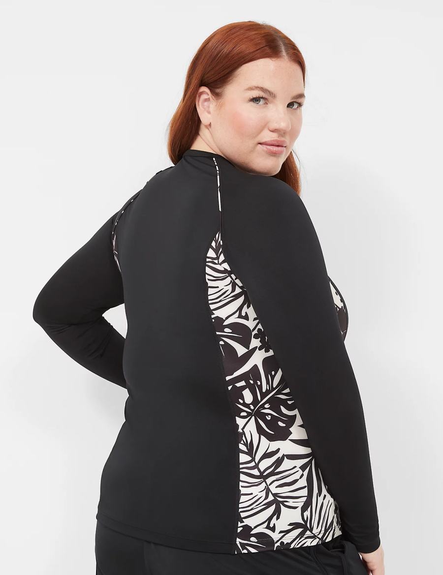 Lane Bryant Long-Sleeve Swim Rash Guard Women Swimsuits Black | QGH7455QR