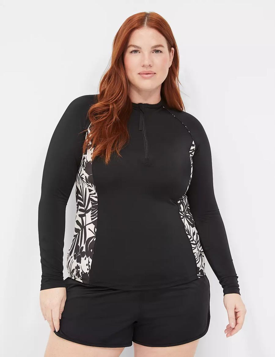 Lane Bryant Long-Sleeve Swim Rash Guard Women Swimsuits Black | QGH7455QR