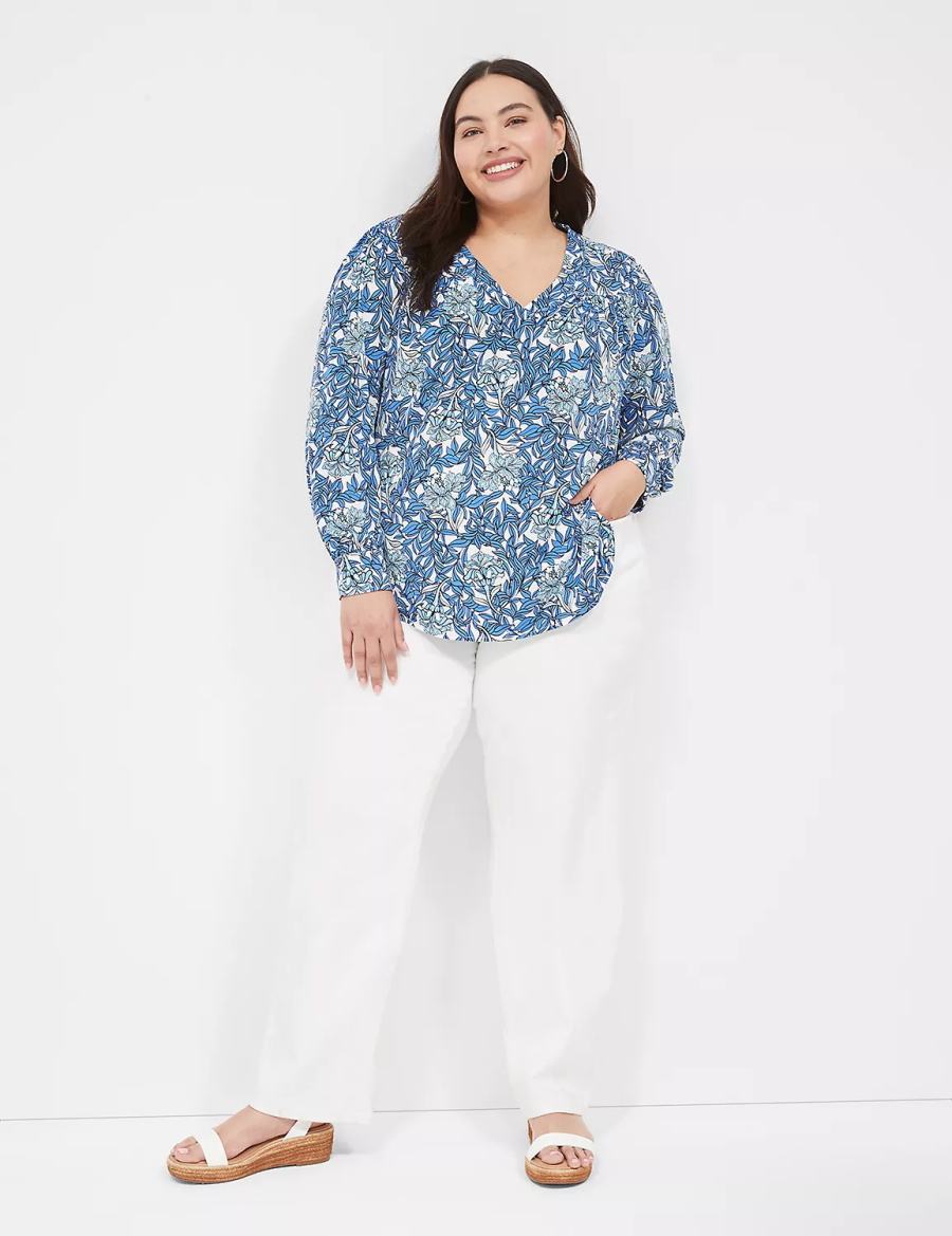 Lane Bryant Long-Sleeve V-Neck Women Blouse Blue | BUE1418MM