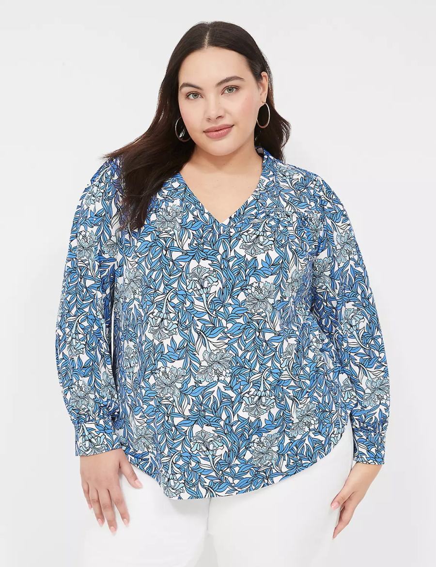 Lane Bryant Long-Sleeve V-Neck Women Blouse Blue | BUE1418MM