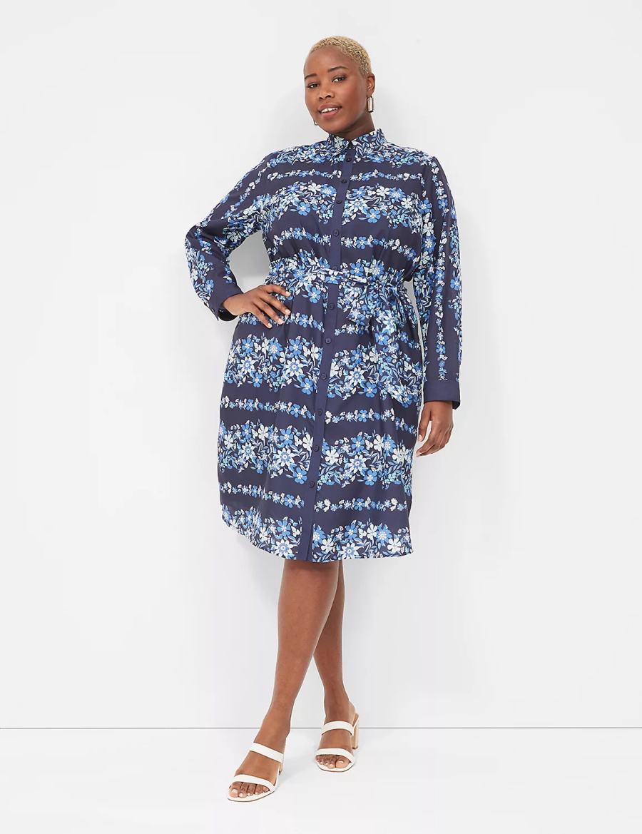 Lane Bryant Long-Sleeveed Midi Women Shirt Dress Dark Blue | CEC6579HO