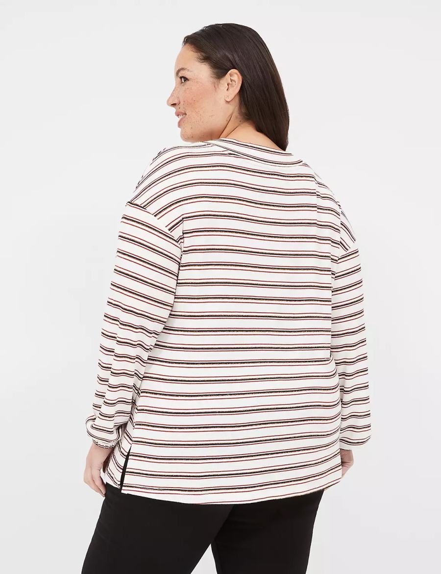 Lane Bryant Lurex Blouson-Sleeve V-Neck Tunic Women T Shirts White Black Stripes | TOV7644NP